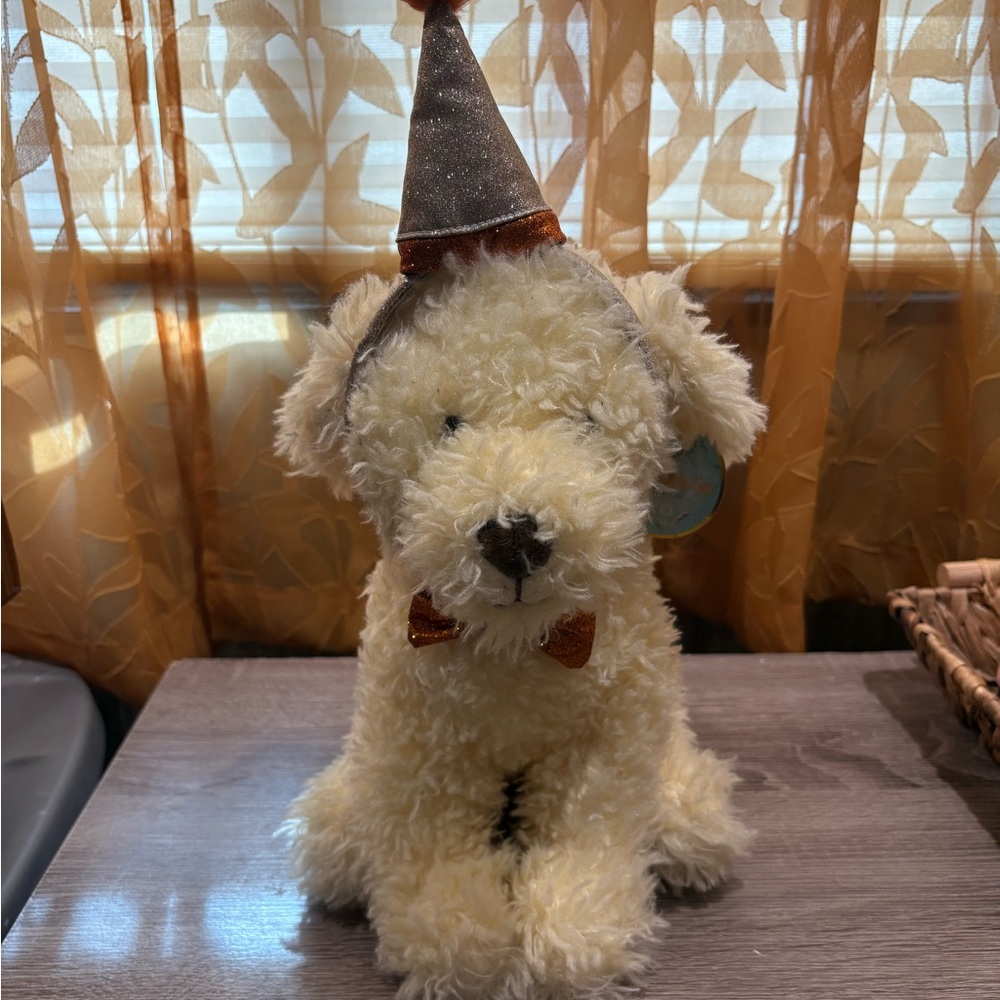 FAO Schwarz Cream Plush Dog with Party Hat and Bow Tie